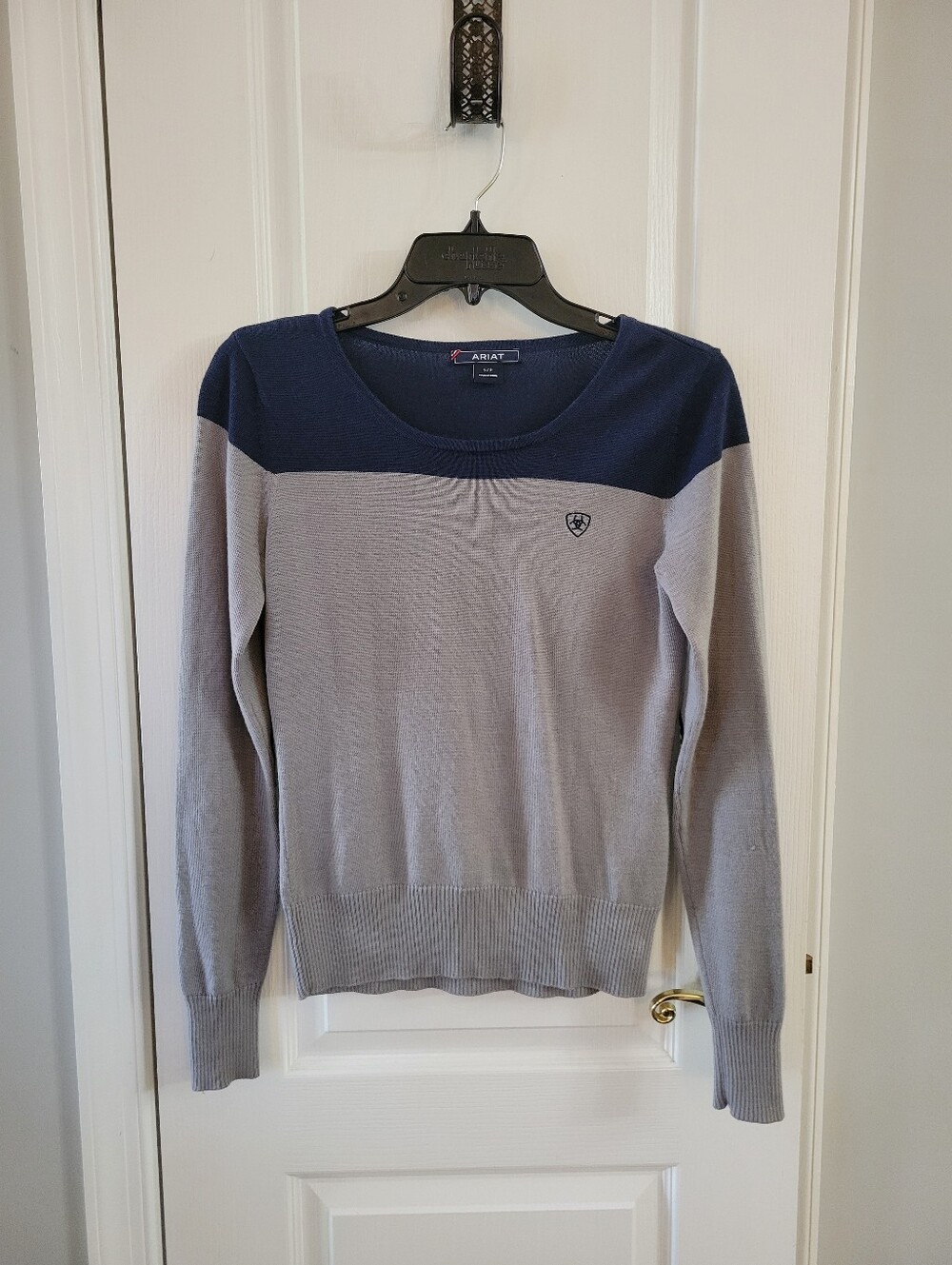 Ariat Ultimo Merino Wool Sweater Gray Navy Striped Elbow Patches Small